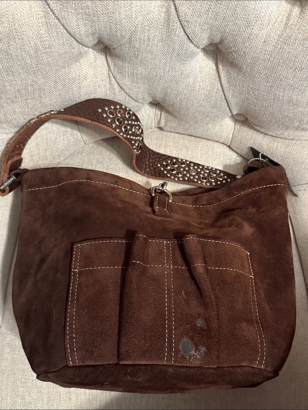 Tylie Malibu Dark Brown Suede Shoulder Bag with Leather Studded Strap - Picture 13 of 14